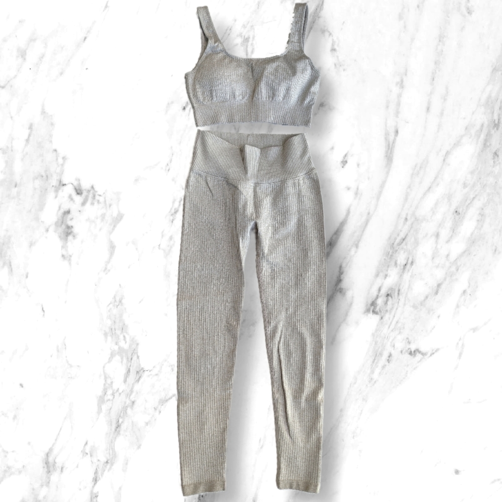 Nude Ribbed Legging and Sports Bra Set by Missguided sz M